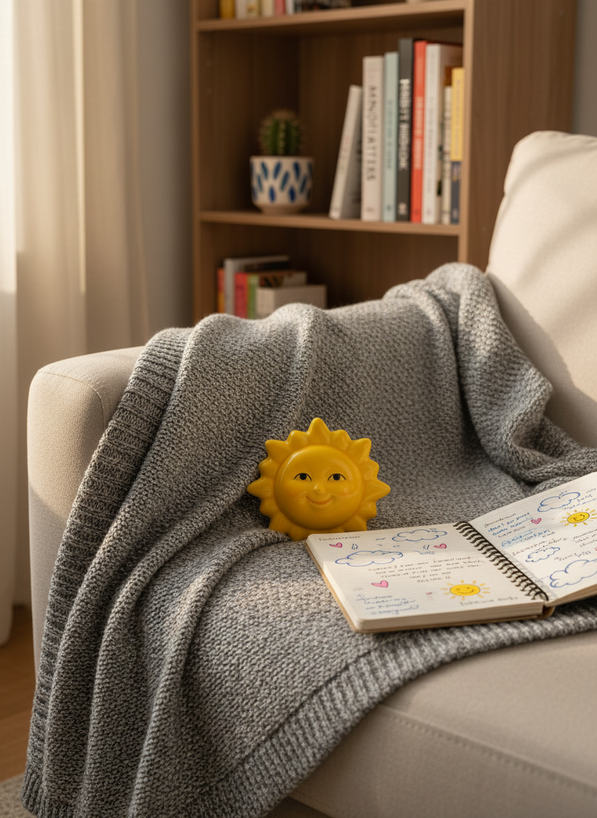 A cozy living room scene centered on a small, bright yellow ceramic pill organizer shaped like a smiling sun, resting on a soft, heather-gray knit blanket draped over a couch arm. Nearby, a well-used spiral-bound journal lies open, pages filled with tiny, colorful doodles of clouds and hearts. Natural mid-morning light filters through an unseen window, creating gentle highlights on the glossy pill organizer and soft shadows in the knitted texture. In the blurred background, a bookshelf holds neatly stacked self-help books and a tiny cactus in a painted pot. Photographic realism, shot at eye level with a shallow depth of field, creates a warm, playful, comforting mood, balancing seriousness with light-hearted humor.