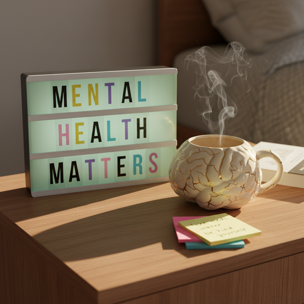 A neat wooden bedside table holds a pastel mint-green lightbox with changeable letters spelling “MENTAL HEALTH MATTERS” in mismatched colors, slightly crooked on purpose. Next to it sits a ceramic mug shaped like a cartoon brain, steam curling up from inside, with whimsical cracks painted in gold like kintsugi. A small stack of sticky notes with scribbled reminders—"take meds,” “drink water,” “be kind to yourself”—fans out casually. Soft late-afternoon sunlight enters from the left, casting long, gentle shadows and a cozy glow across the grain of the wood. Photographic realism from a slightly elevated angle, with shallow depth of field keeping focus on the quirky objects, creates an inviting, empathetic, gently humorous atmosphere suited for a mental health blog.
