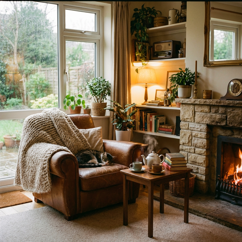 A cat sleeps on a leather armchair beside a crackling fireplace and a rainy window.