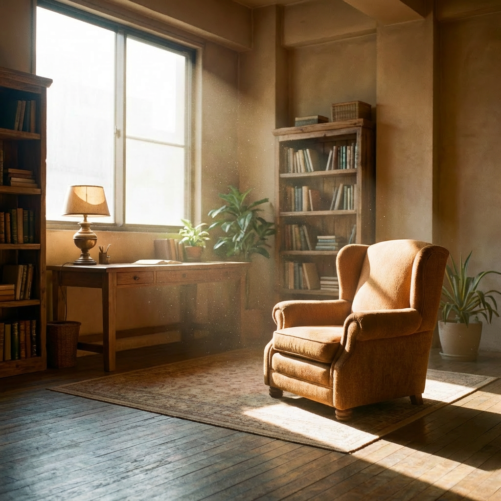 Wooden chair in a sunbeam within an empty minimalist room with a potted plant.