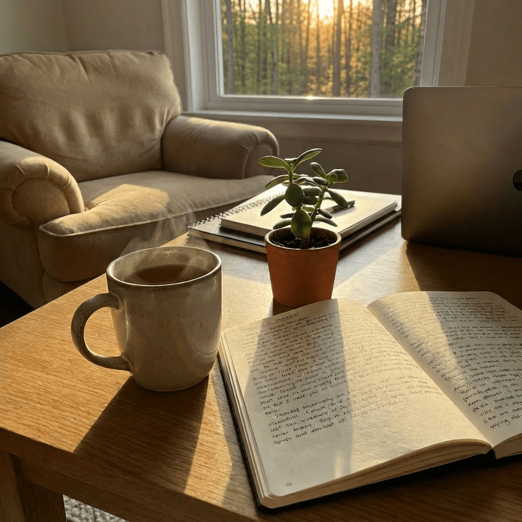 A steaming mug, an open handwritten journal, and a small potted plant on a wooden desk.